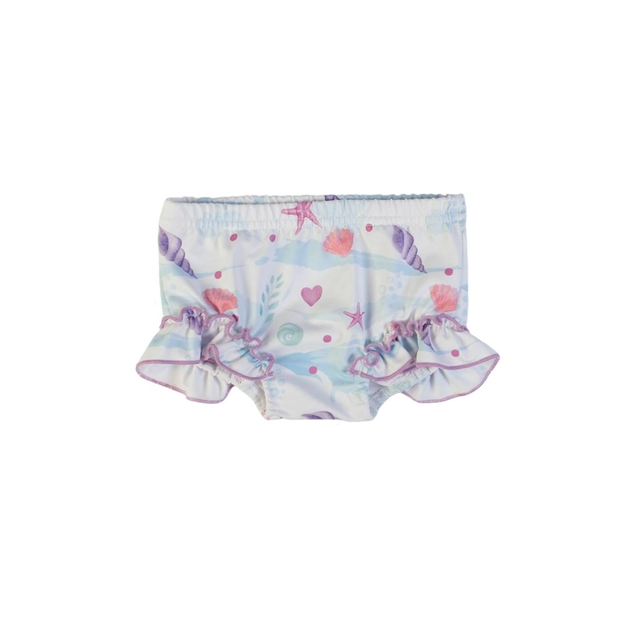 Βρεφικό μαγιό βρακάκι UPF 50+ με βολάν και σχέδια κοχύλια 