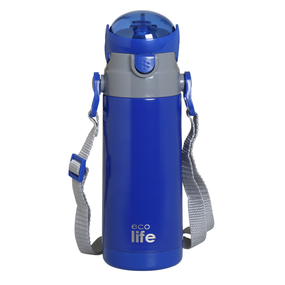 Ecolife-Ανοξείδωτο παγουράκι θερμός, με εσωτερικό καλαμάκι & ιμάντα μεταφοράς Μπλε 400ml