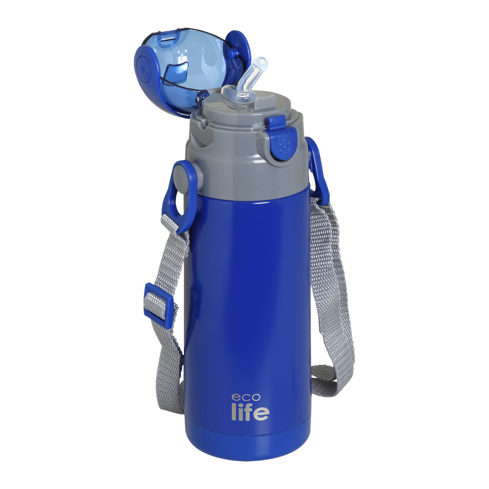 Ecolife-Ανοξείδωτο παγουράκι θερμός, με εσωτερικό καλαμάκι & ιμάντα μεταφοράς Μπλε 400ml